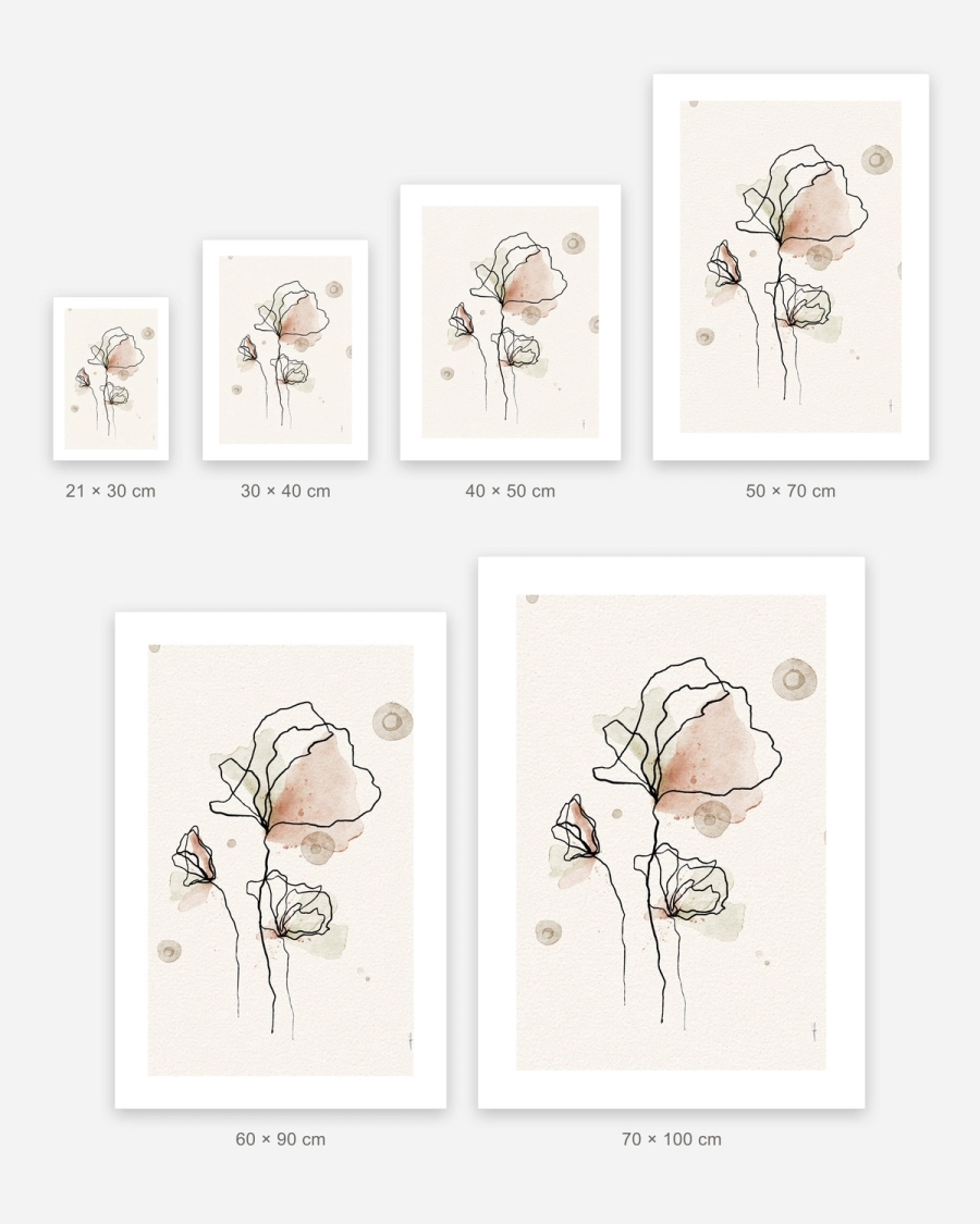 Ink Line Blossoms poster in 6 sizes, shown to scale: 21 × 30, 30 × 40, 40 × 50, 50 × 70, 60 × 90 and 70 × 100 cm