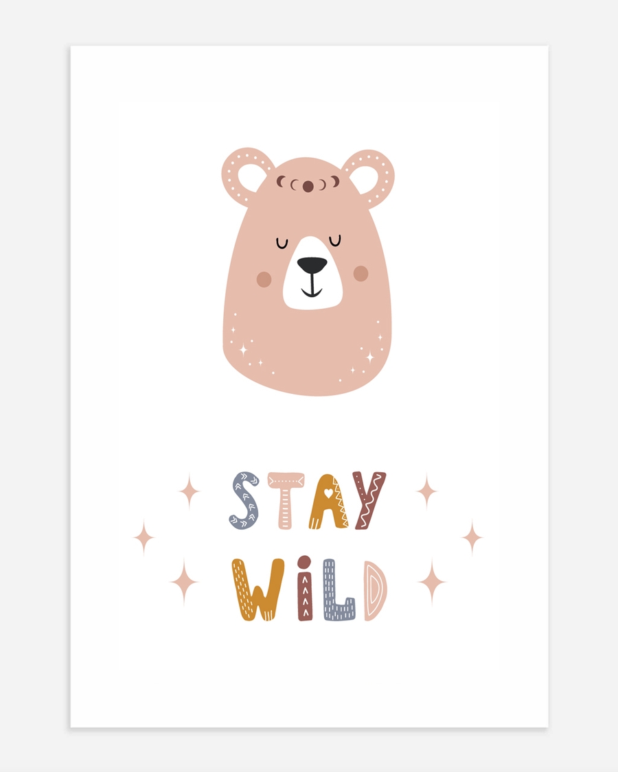 A poster of a Bear illustration with stay wild text in soft tones
