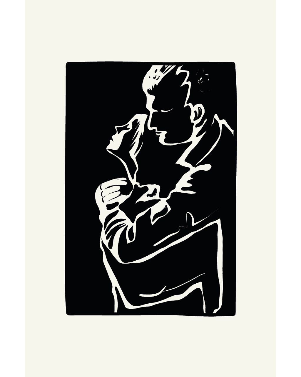 Line art figures embracing in black and white