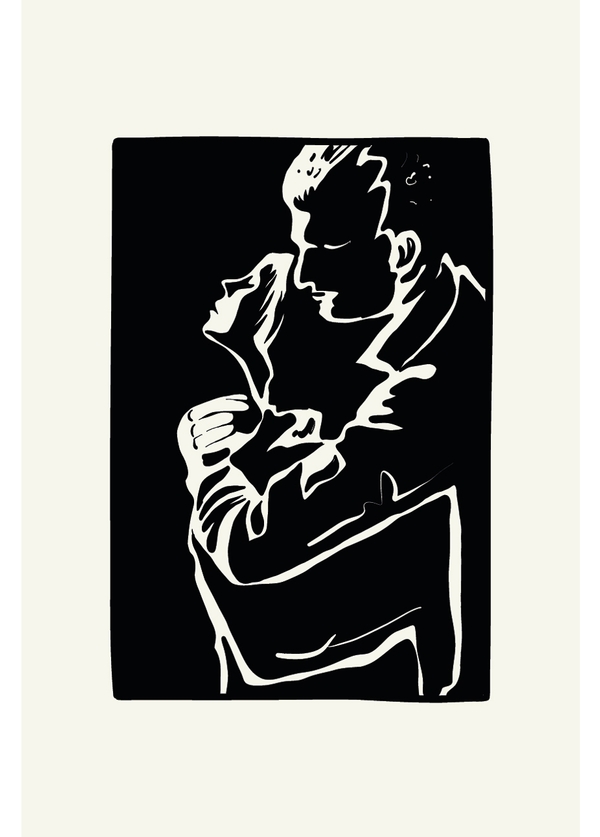 Line art figures embracing in black and white