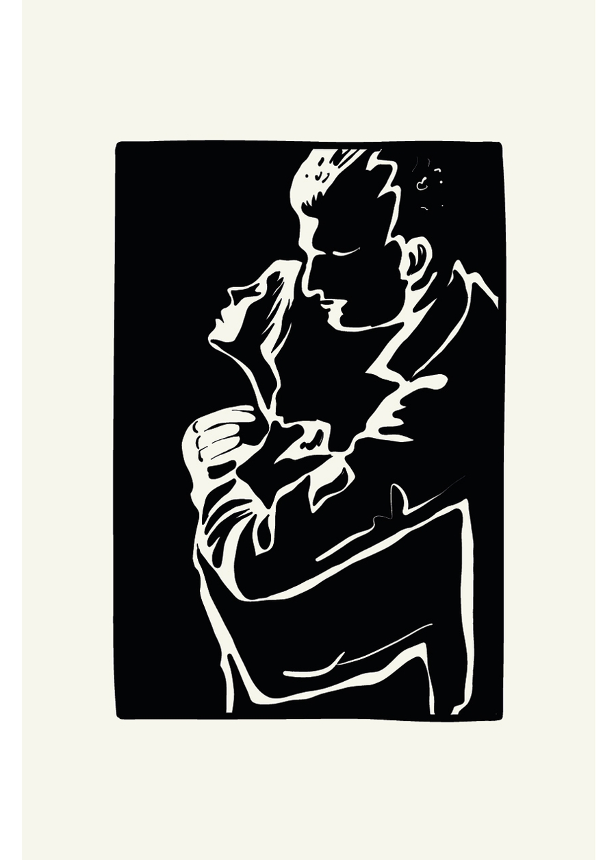 Line art figures embracing in black and white