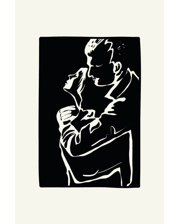 Line art figures embracing in black and white