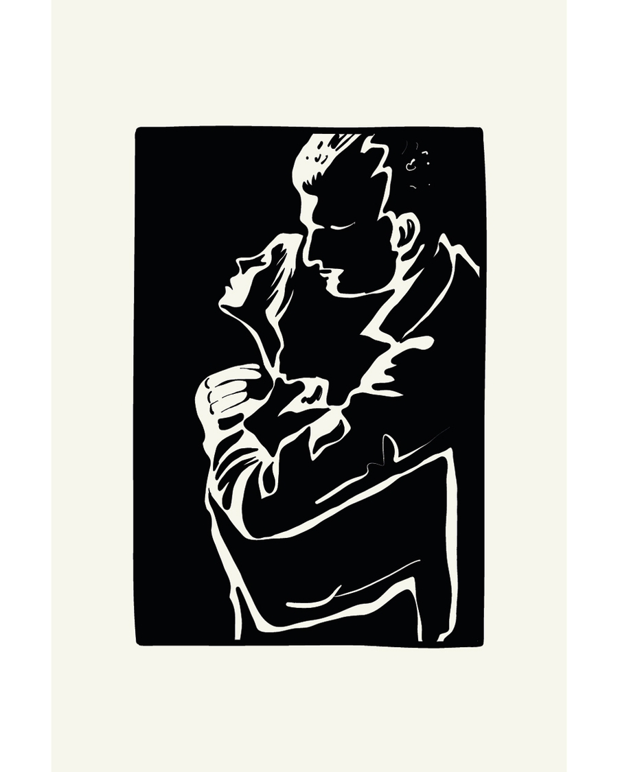 Line art figures embracing in black and white