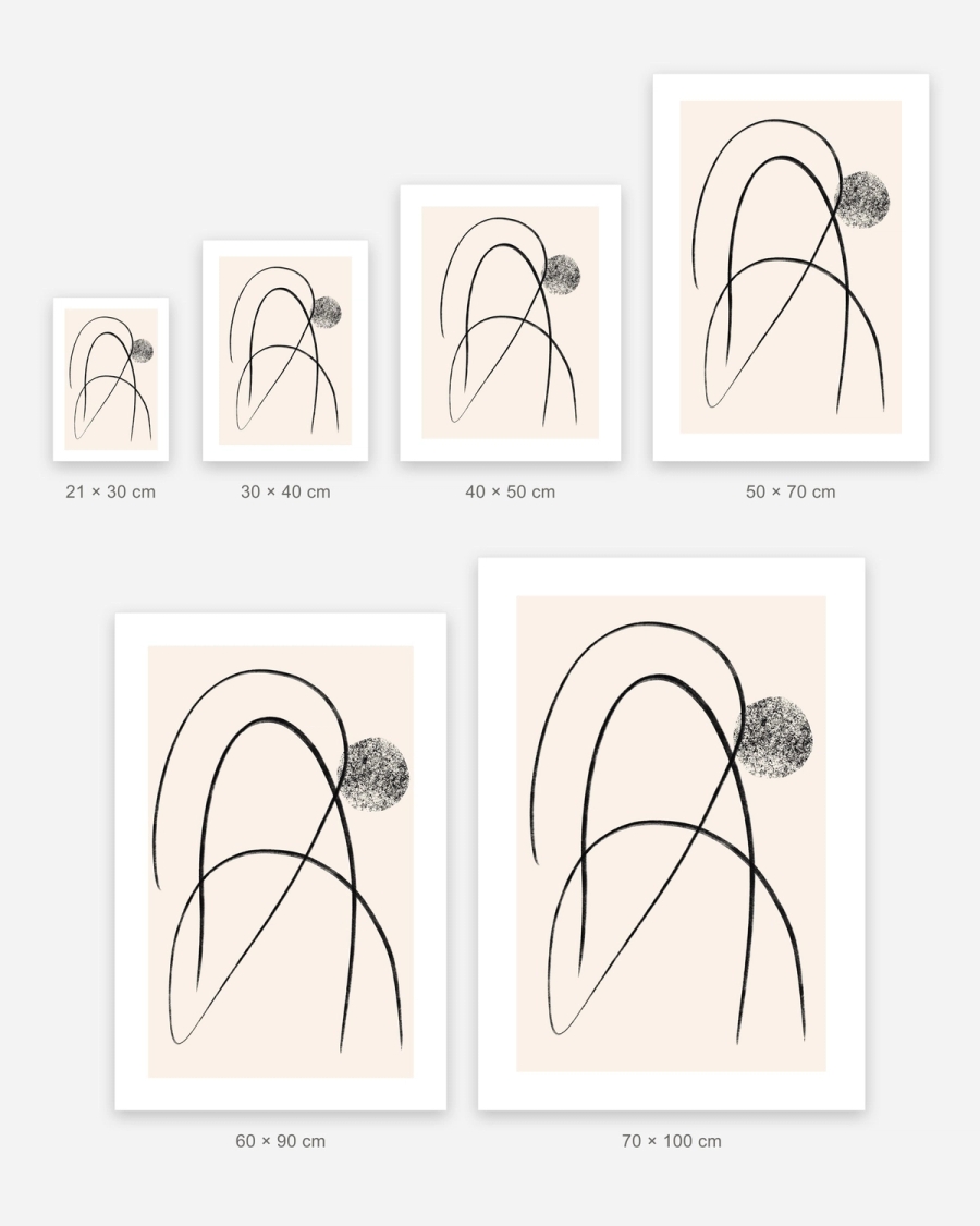 Charcoal Arc Study poster in 6 sizes, shown to scale: 21 × 30, 30 × 40, 40 × 50, 50 × 70, 60 × 90 and 70 × 100 cm