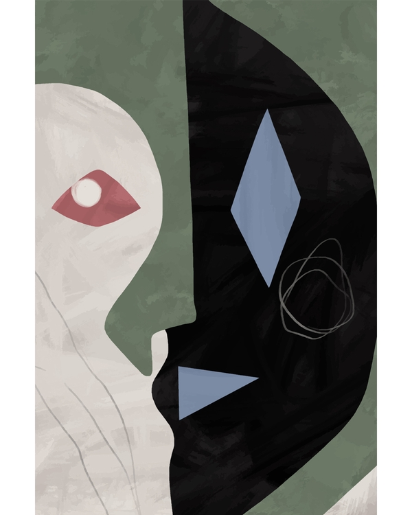 Abstract poster with geometric shapes in green, black, and blue