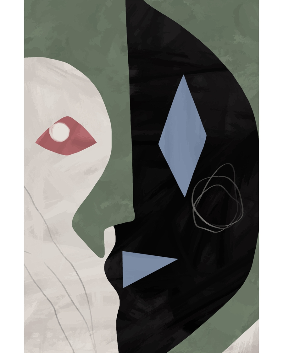 Abstract poster with geometric shapes in green, black, and blue