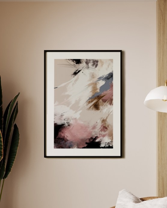 Blush Drift poster in a slim black frame above a wooden armchair in a bright corner