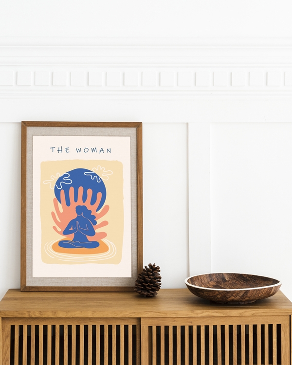 A poster of a Abstract meditating woman with hands and blue circle
