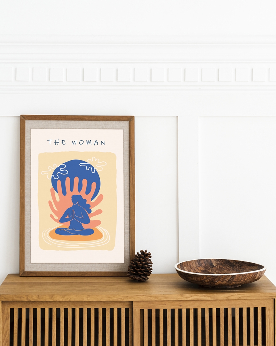 A poster of a Abstract meditating woman with hands and blue circle