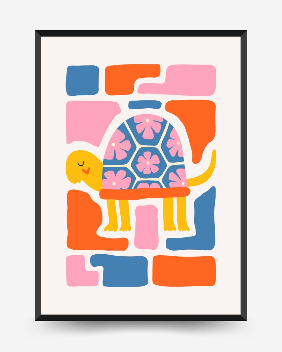 A poster of a Smiling turtle, floral shell, playful Nordic colors