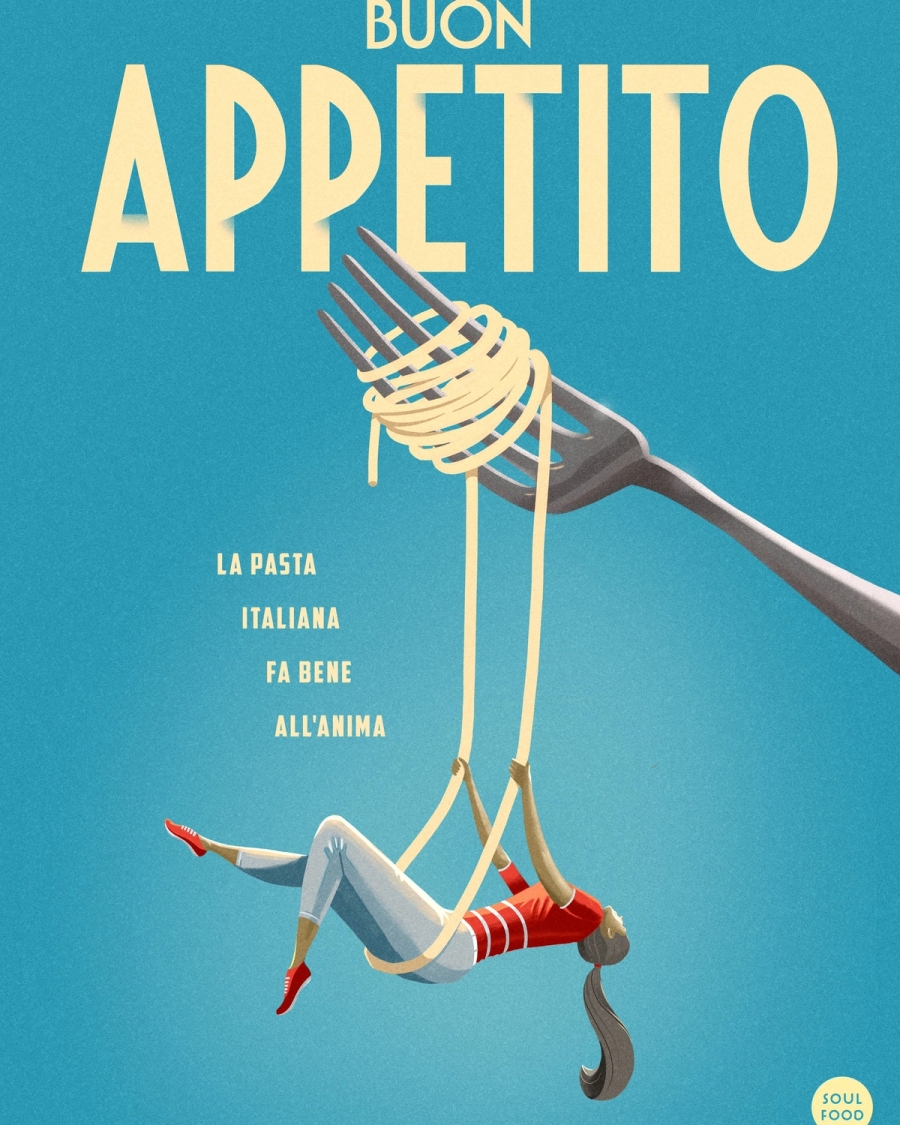 Retro illustration of a woman swinging on spaghetti strands hanging from a fork, on turquoise