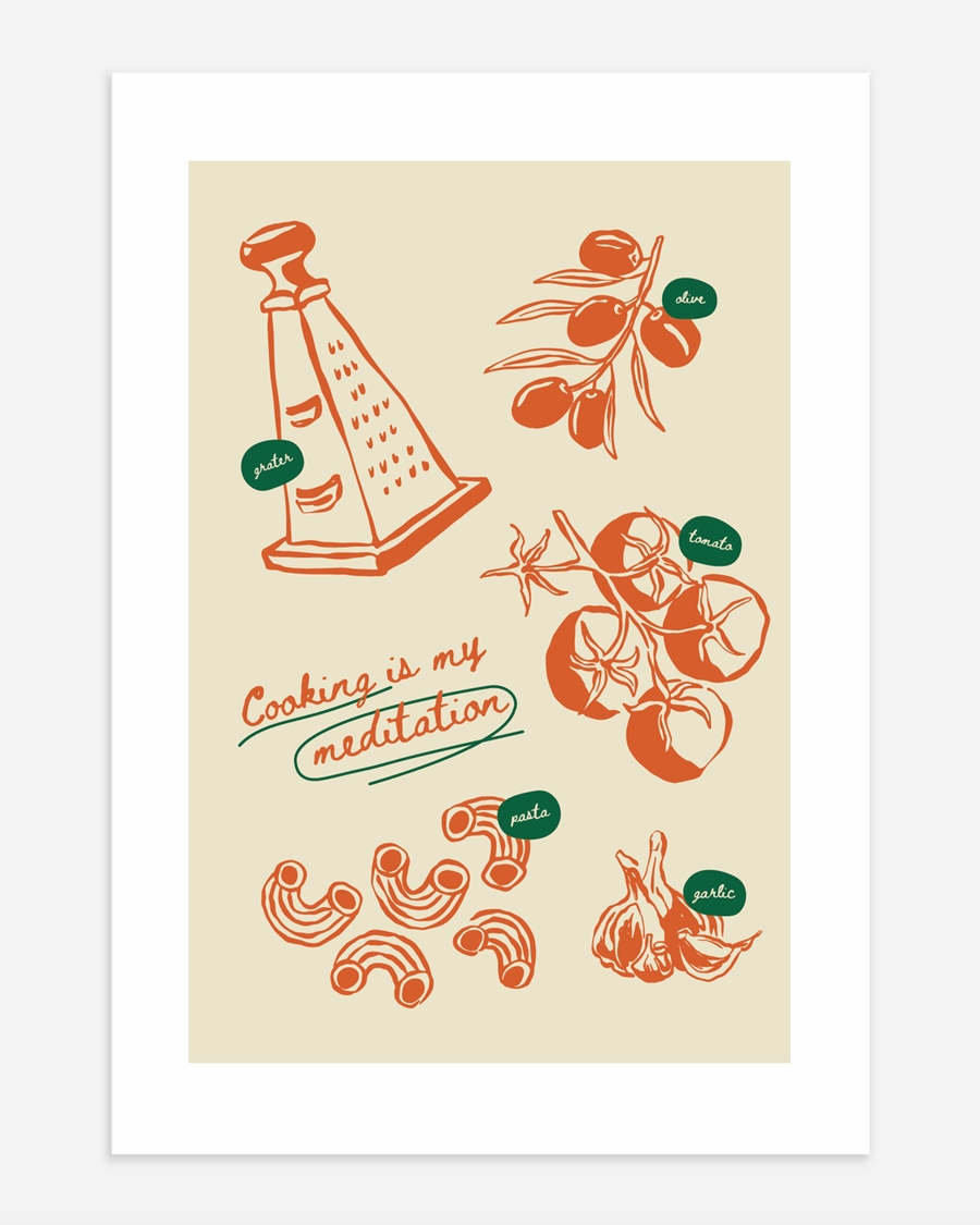 A poster of a Illustrated kitchen ingredients with cooking meditation text