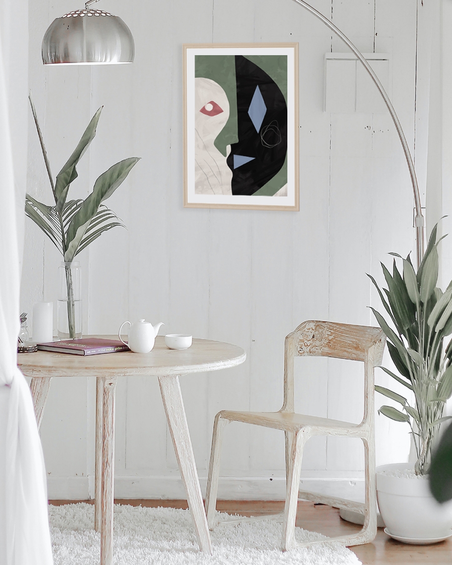 A poster of a Abstract poster with geometric shapes in green, black, and blue