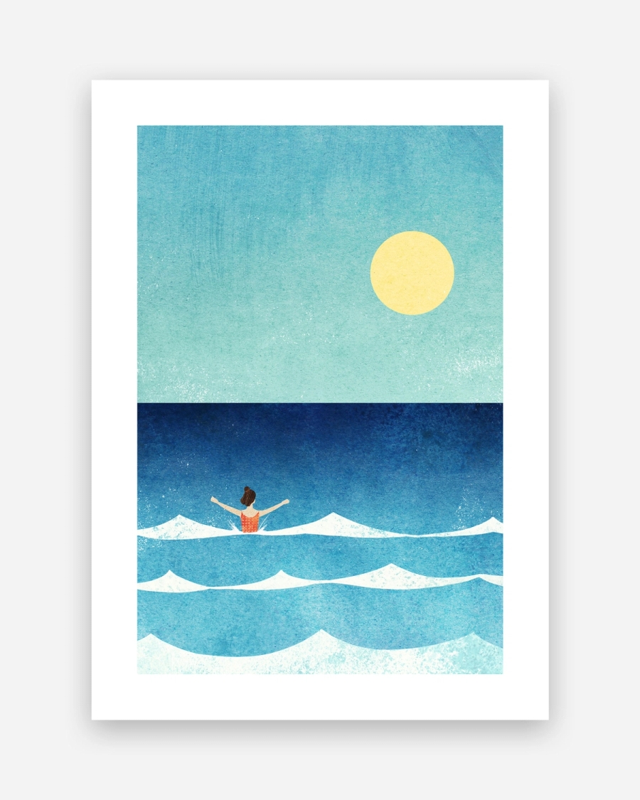 Summer Swim poster with a white border, unframed on a light gray background