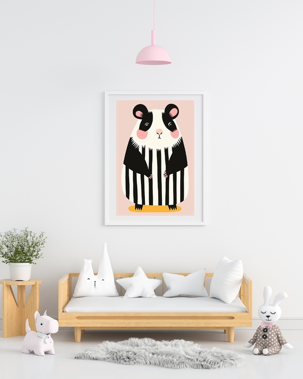 A poster of a Striped black and white creature on pink background