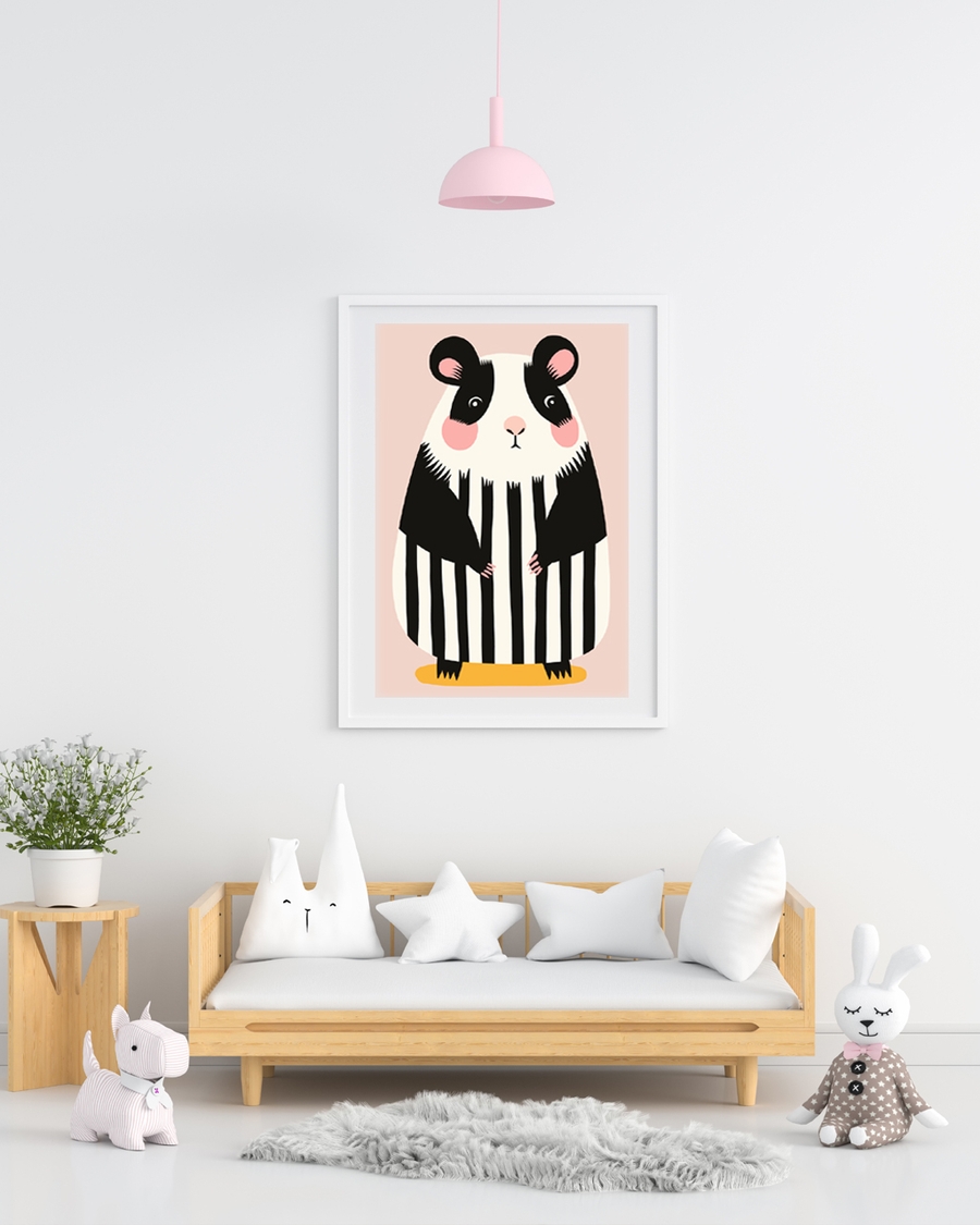 A poster of a Striped black and white creature on pink background