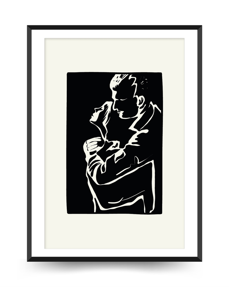 A poster of a Line art figures embracing in black and white