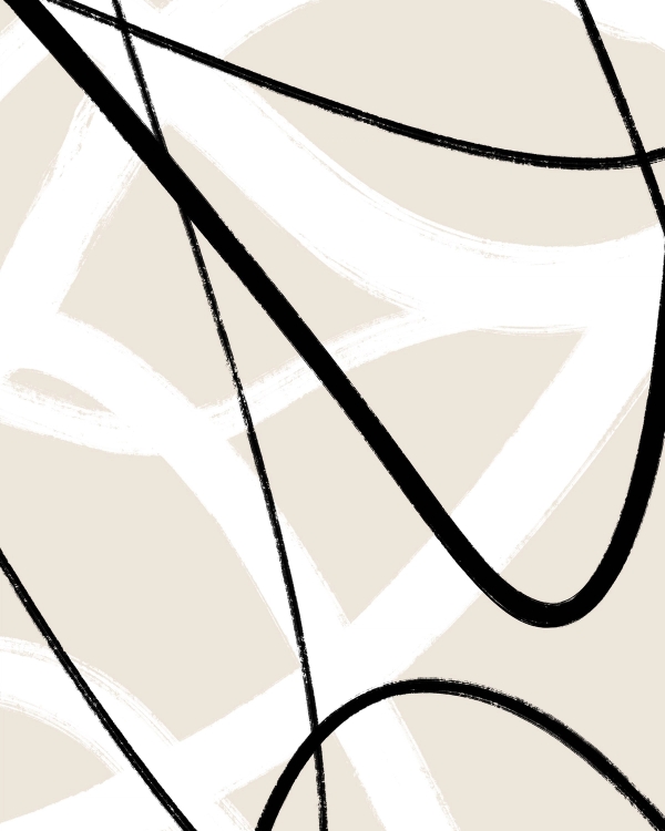 Abstract composition of black brushstroke lines crossing wide white curves on a beige background