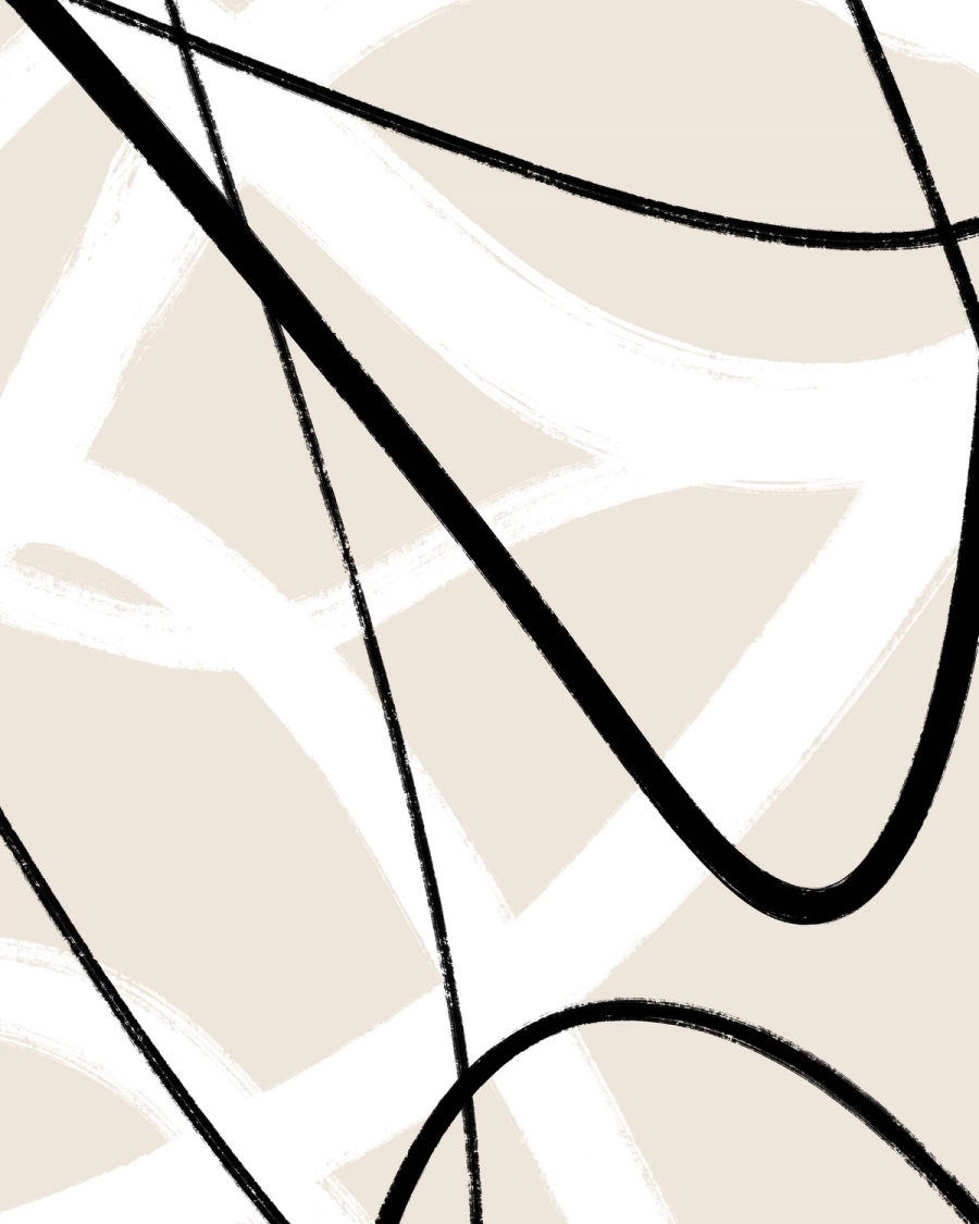 Abstract composition of black brushstroke lines crossing wide white curves on a beige background