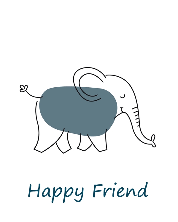 Smiling elephant line drawing with soft blue shape