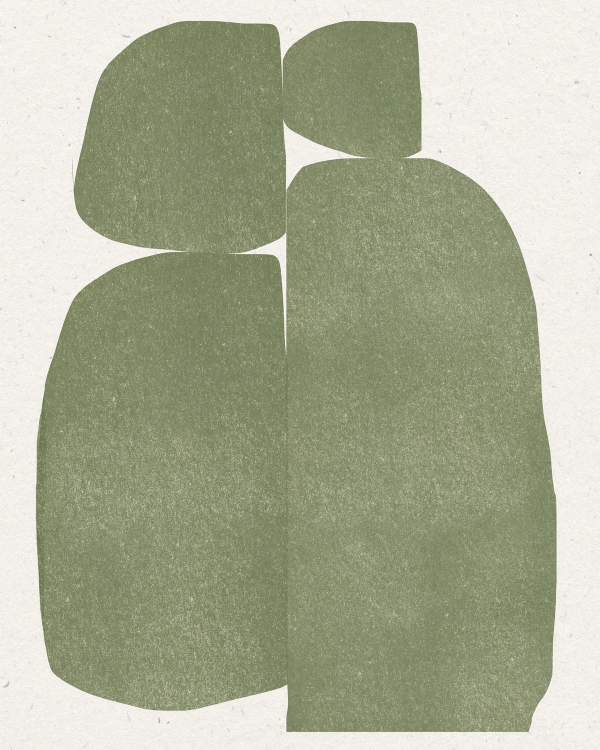 Four rounded olive green shapes with grainy texture on an off-white paper background