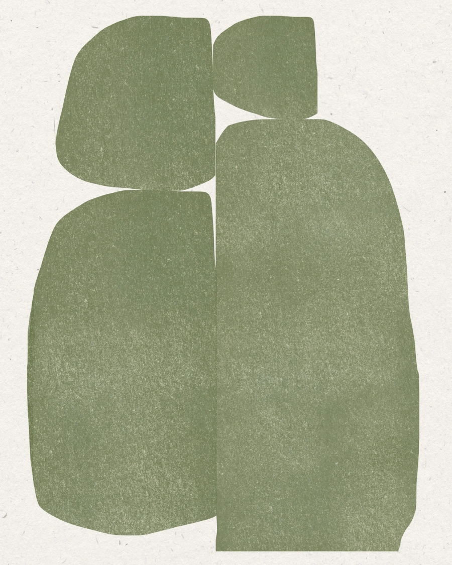 Four rounded olive green shapes with grainy texture on an off-white paper background