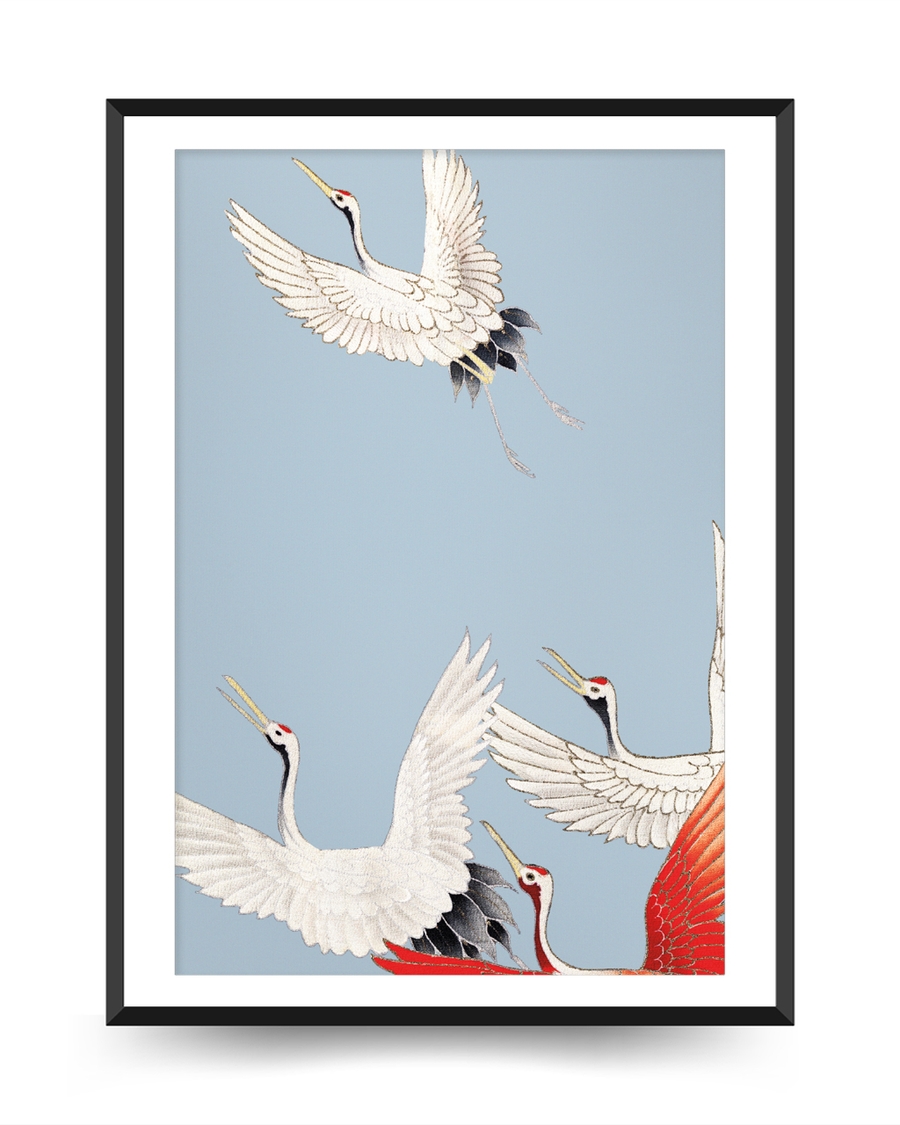 A poster of a Japandi art with flying cranes on blue background