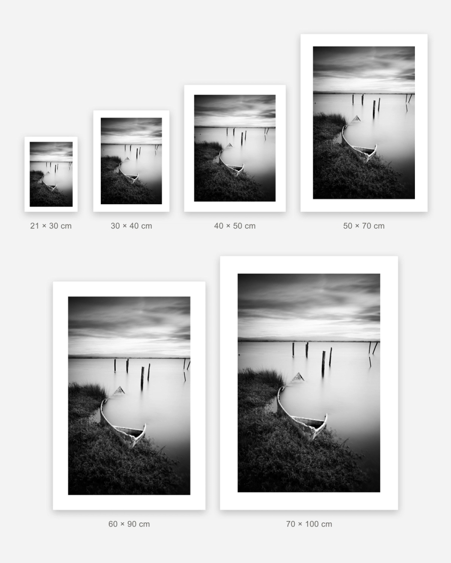 Forgotten Rowboat poster in 6 sizes, shown to scale: 21 × 30, 30 × 40, 40 × 50, 50 × 70, 60 × 90 and 70 × 100 cm