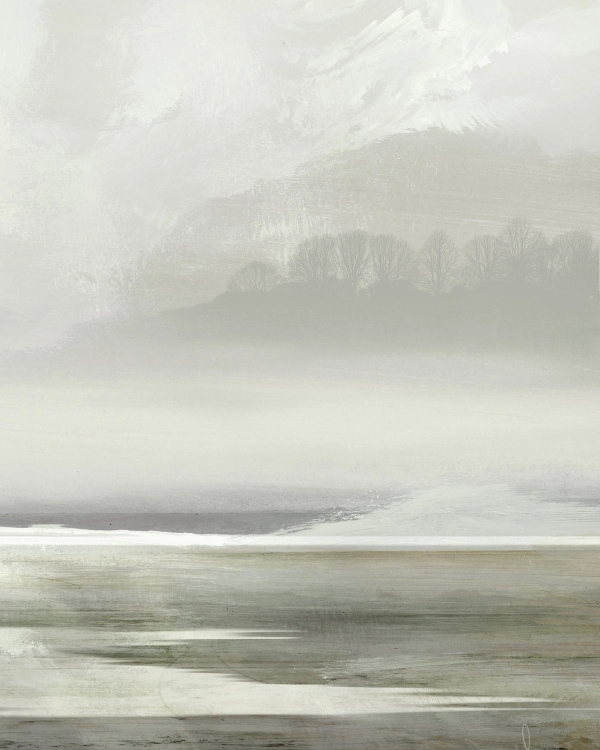 Painted misty landscape with a row of bare trees on a ridge in pale gray, white and muted green