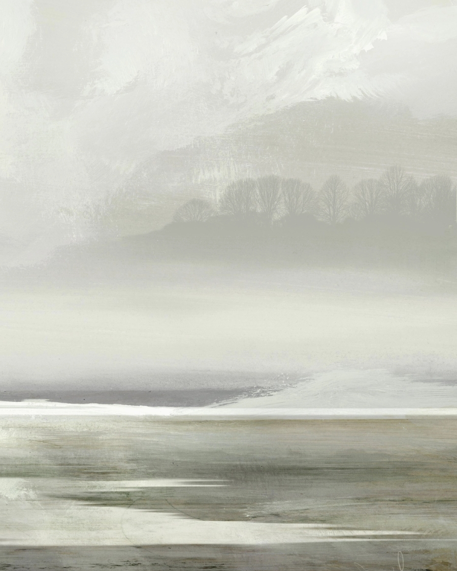 Painted misty landscape with a row of bare trees on a ridge in pale gray, white and muted green
