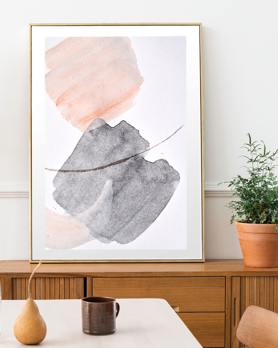 A poster of a Abstract watercolor with peach and gray brushstrokes on white.
