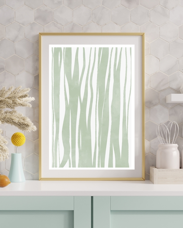 A poster of a soft green vertical waves on white background