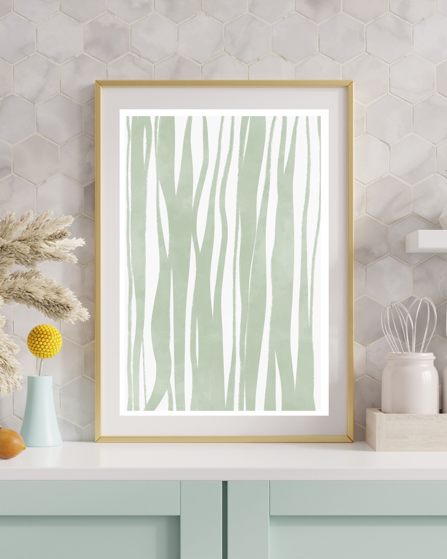 A poster of a soft green vertical waves on white background