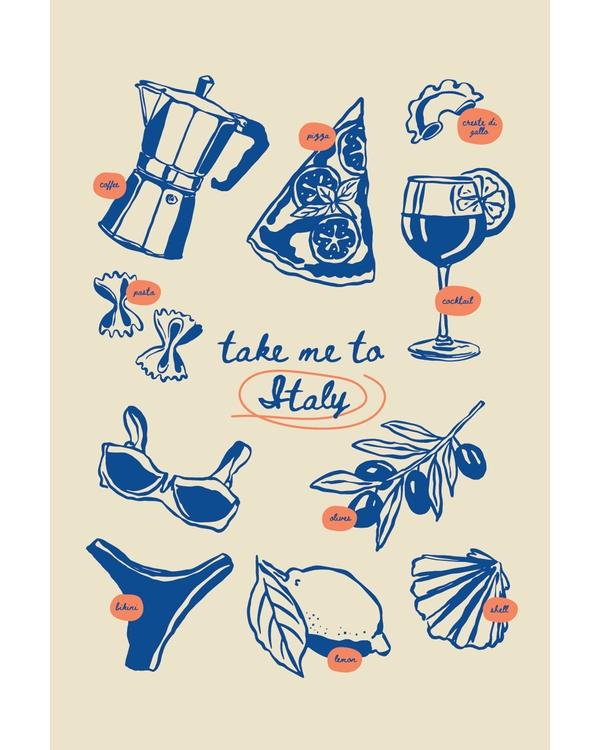 Illustrated Italian food icons with take me to Italy
