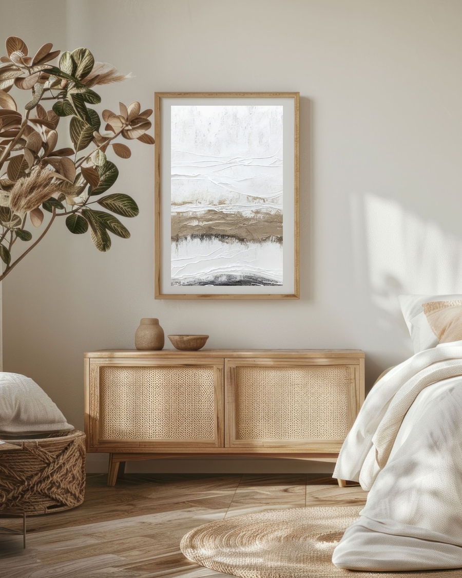 A poster of a abstract poster with white and beige textured layers