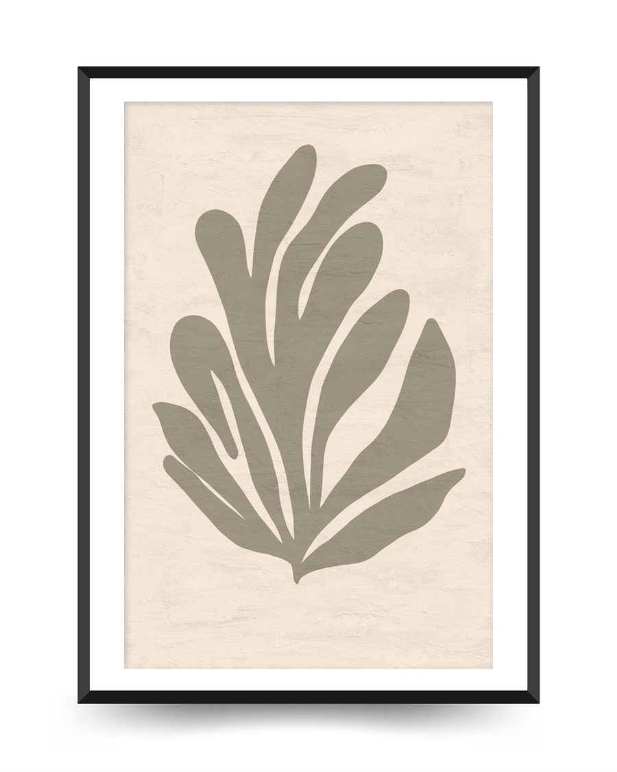 A poster of a Abstract organic leaf shape in muted green beige