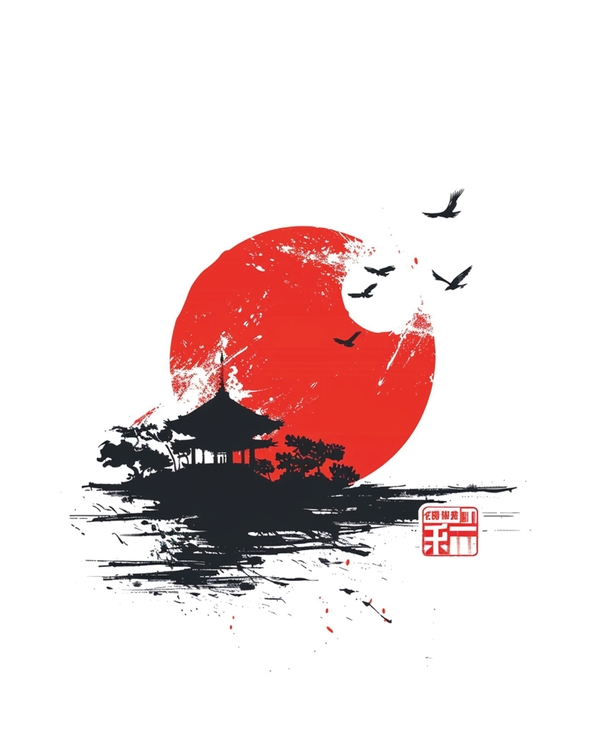 Japandi art with red sun temple and birds