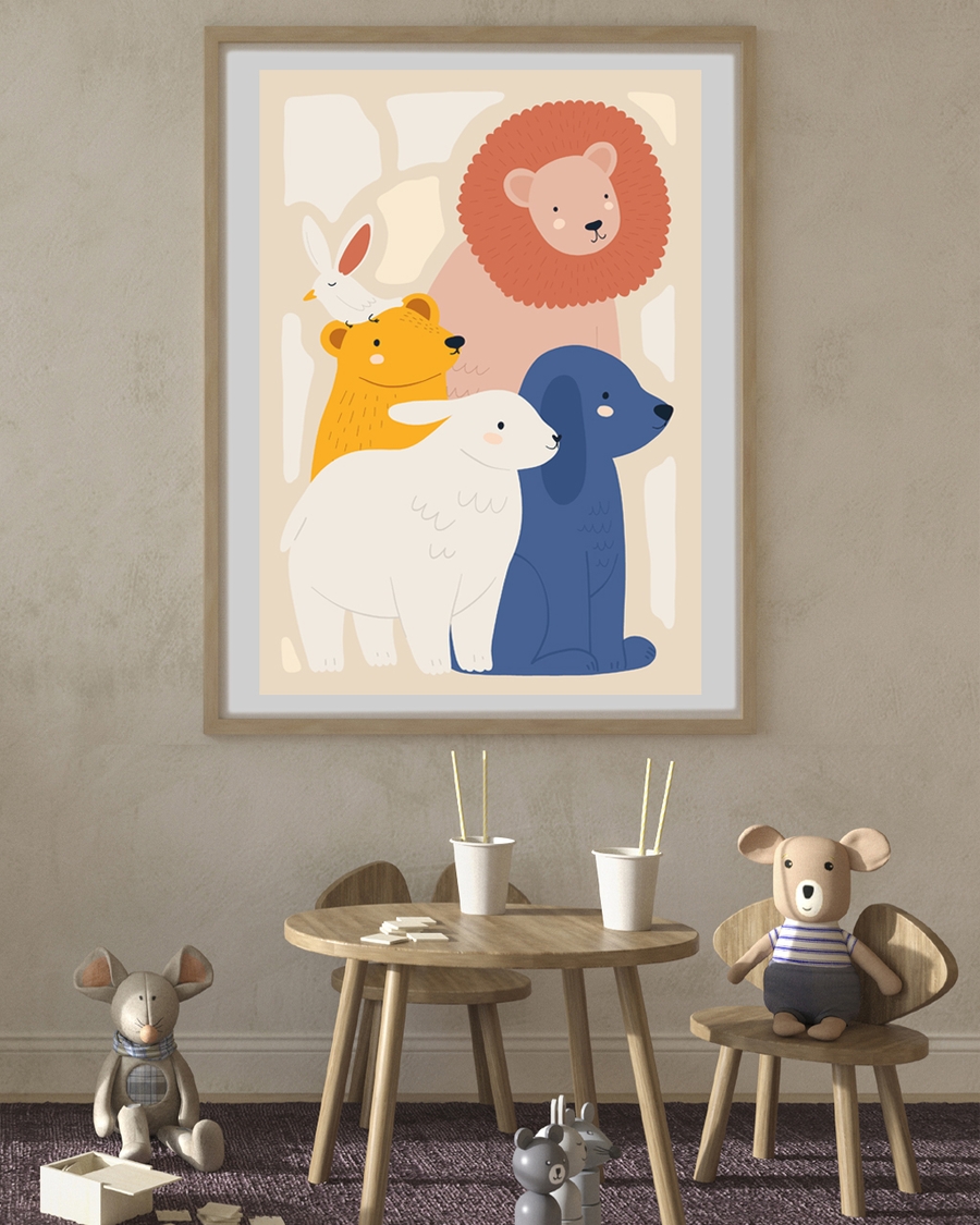 A poster of a Lion, bear, dog, sheep and bird together