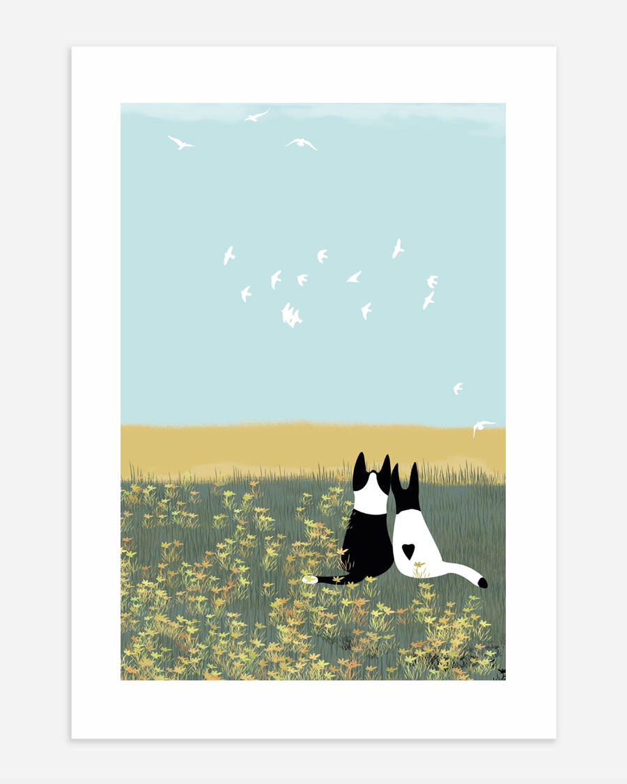 A poster of a Illustrated cats lying in field watching birds