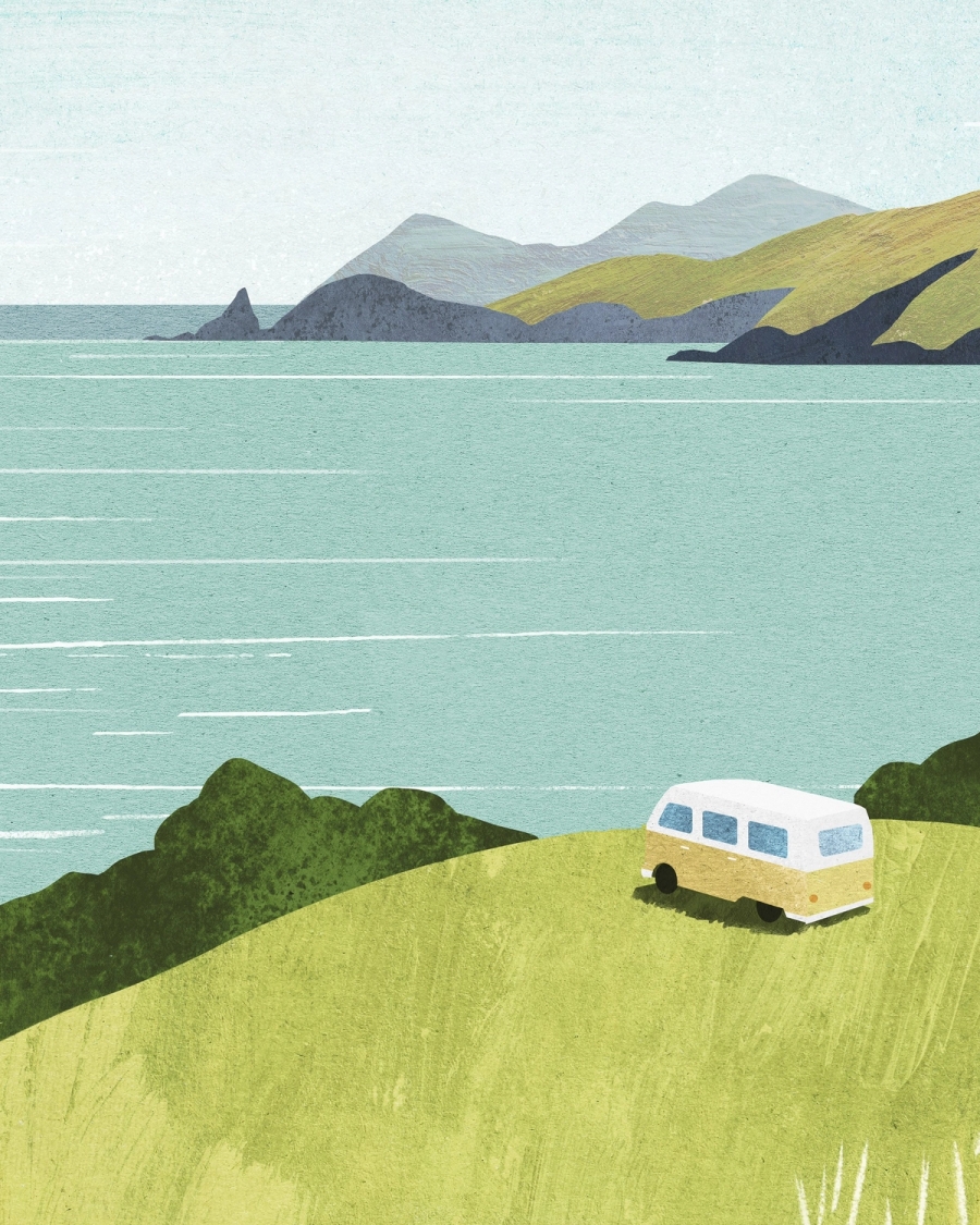 Illustration of a yellow and white camper van on a green slope above turquoise sea with distant hills