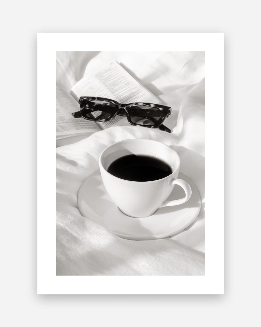 Slow Morning Coffee poster with a white border, unframed on a light gray background