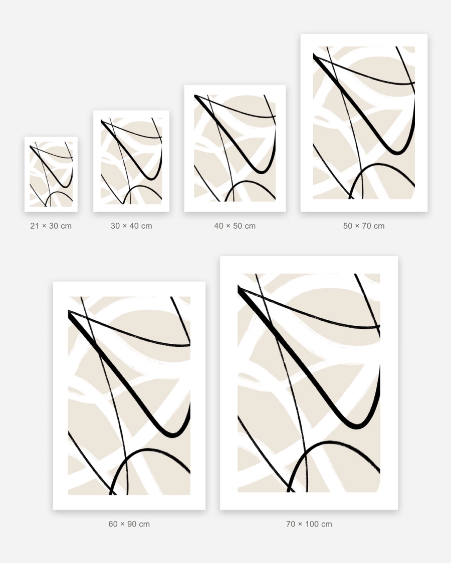 Arcs on Beige poster in 6 sizes, shown to scale: 21 × 30, 30 × 40, 40 × 50, 50 × 70, 60 × 90 and 70 × 100 cm