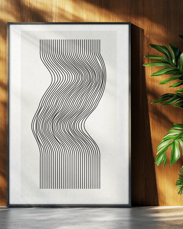 Poster one of black waves on a off-white background next to green leaves