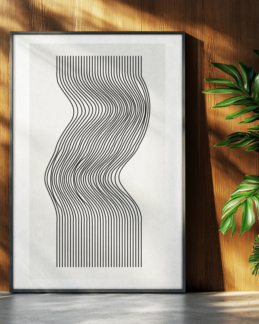 Poster one of black waves on a off-white background next to green leaves