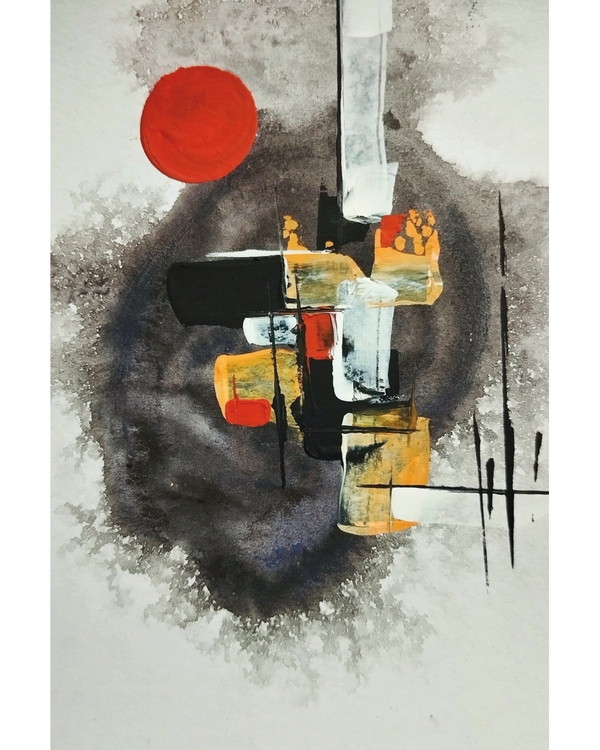 Abstract Japandi art, red sun, ochre blocks