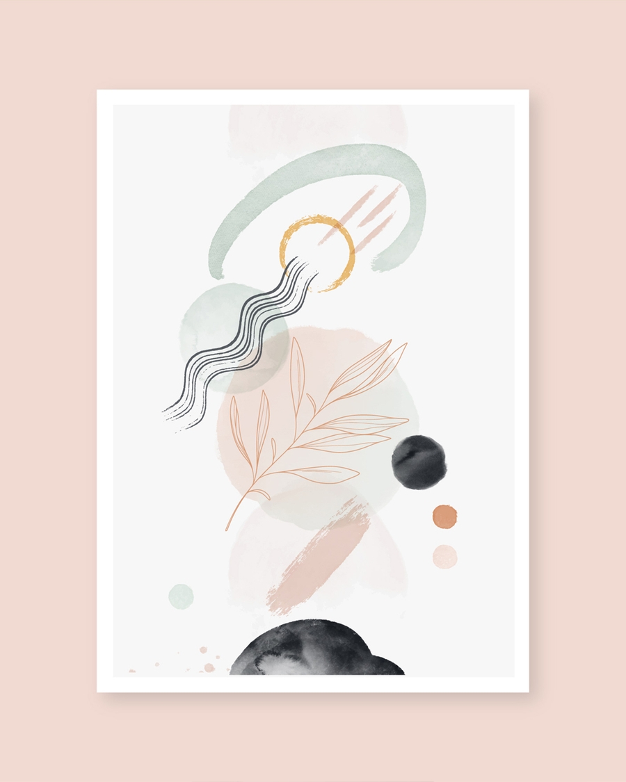 A poster of a abstract watercolor shapes with golden circle and lines