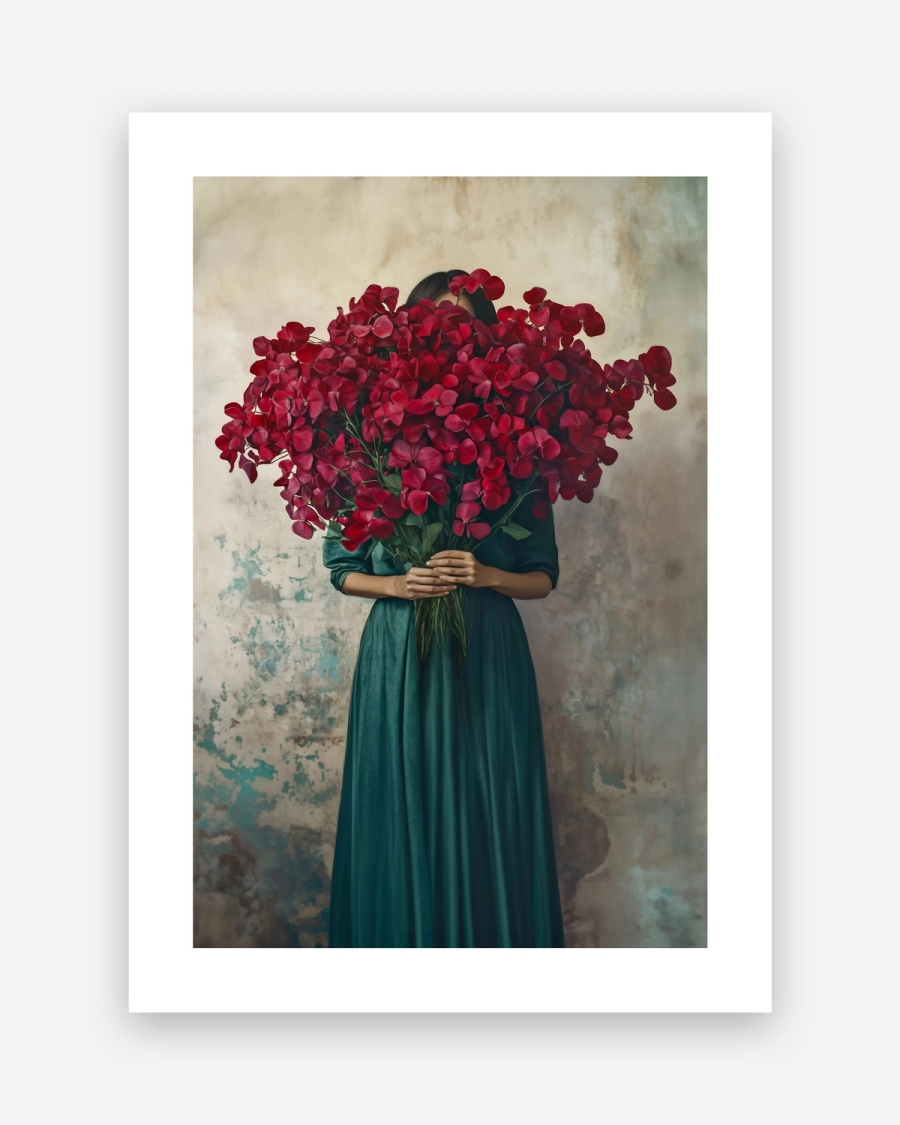 Crimson Bouquet poster with a white border, unframed on a light gray background