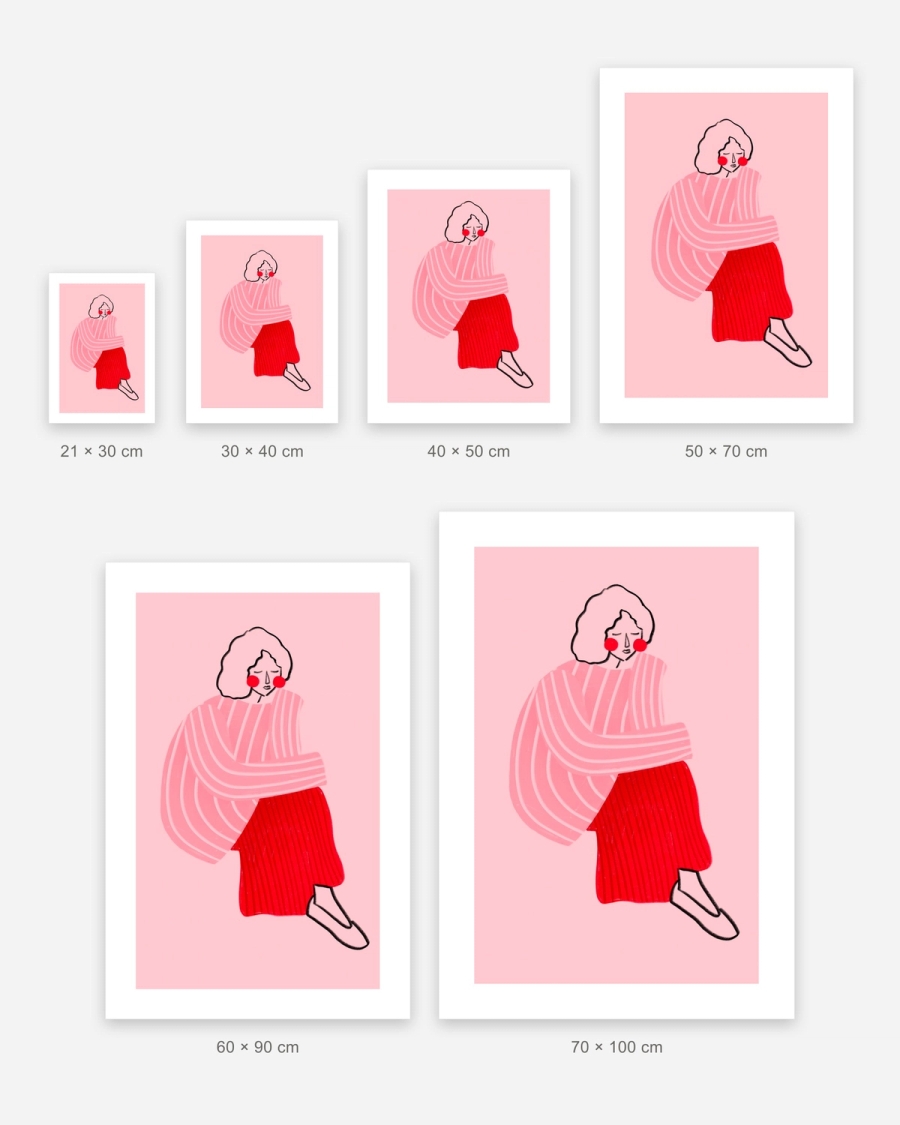 Thoughtful in Pink poster in 6 sizes, shown to scale: 21 × 30, 30 × 40, 40 × 50, 50 × 70, 60 × 90 and 70 × 100 cm