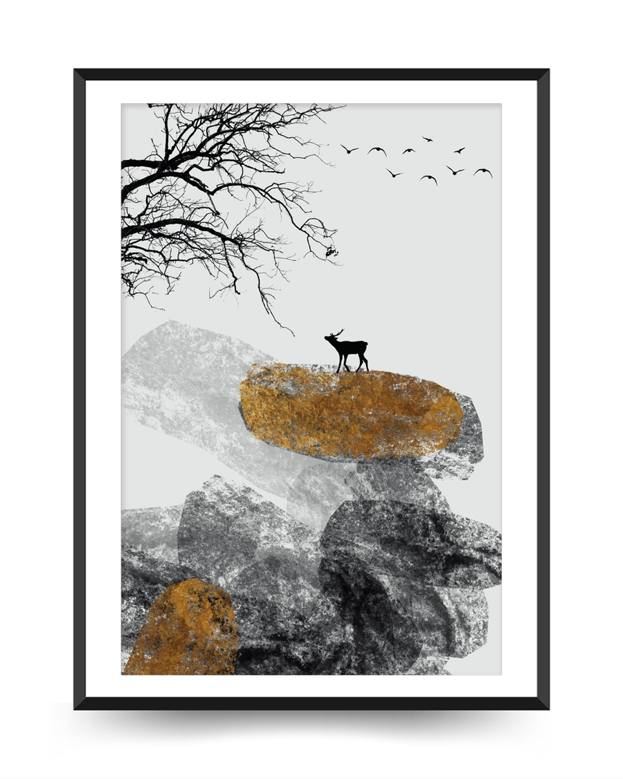 A poster of a Japandi deer standing on golden textured rocks