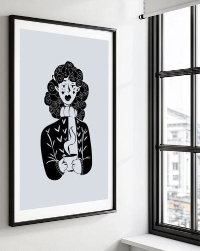 A poster of a stylized figure holding a steaming cup on gray background